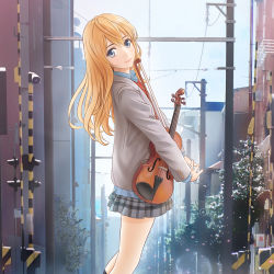 Rule 34 | 1girl, blonde hair, blue shirt, cherry blossoms, city, closed mouth, collar, collared shirt, d.r (liu1029367675), grey jacket, hair between eyes, highres, holding, holding instrument, holding violin, instrument, jacket, long hair, long sleeves, looking at viewer, miyazono kawori, necktie, own hands together, red necktie, school uniform, shigatsu wa kimi no uso, shirt, skirt, smile, solo, standing, uniform, violin