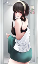 Rule 34 | 1girl, anya (spy x family), back, bare shoulders, black bra, black hair, blush, bra, breasts, clothes hanger, drawing (object), green skirt, hairband, highres, large breasts, locker, long hair, looking at viewer, looking back, parted lips, partially undressed, red eyes, shirt, skirt, solo, spy x family, twilight (spy x family), underwear, undressing, white hairband, white shirt, yor briar, zr04
