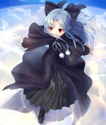 Rule 34 | 00s, 1girl, black dress, black pantyhose, bow, cape, dress, hair bow, highres, len (tsukihime), loafers, long hair, melty blood, pantyhose, pointy ears, red eyes, ripples, shoes, silver hair, solo, tsukihime, yusano