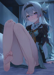 Rule 34 | 1girl, absurdres, aqua skirt, arm support, bare legs, barefoot, bed sheet, black hairband, black jacket, blush, closed mouth, cropped jacket, crossed bangs, curtains, feet, firefly (honkai: star rail), hair between eyes, hair ornament, hairband, hand on own knee, highres, honkai: star rail, honkai (series), huhi (huhi 1211), indoors, jacket, knees, knees together feet apart, knees up, legs, looking at viewer, neckerchief, night, on bed, orange neckerchief, panties, purple eyes, revision, sitting, skirt, soles, solo, thighs, toenails, toes, underwear, white hair, white panties