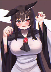 Rule 34 | 1girl, absurdres, animal ear fluff, animal ears, blush, breasts, brooch, brown hair, collarbone, dress, hair between eyes, heaven4014, highres, imaizumi kagerou, jewelry, large breasts, long dress, long hair, looking at viewer, open mouth, paw, red eyes, red nails, sweat, tohoheaven, touhou, very long hair, wolf ears