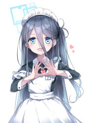 Rule 34 | &lt;key&gt; (blue archive), 1girl, absurdres, alternate costume, apron, aris (blue archive), aris (maid) (blue archive), blue archive, blue eyes, blue hair, blush, breasts, chosunbe, dark blue hair, hair between eyes, hair ornament, halo, heart, heart hands, highres, long hair, looking at viewer, maid, maid apron, maid headdress, open mouth, simple background, small breasts, solo, white background