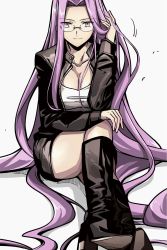 Rule 34 | 1girl, black jacket, boots, breasts, cleavage, collarbone, commentary request, crossed legs, fate/grand order, fate/stay night, fate (series), glasses, hand in own hair, hand on leg, highres, jacket, large breasts, light smile, long hair, looking at viewer, matching hair/eyes, medusa (fate), medusa (rider) (fate), purple eyes, purple hair, shirt, simple background, sitting, smile, solo, square pupils, very long hair, white background, white shirt, yuuma (u-ma)