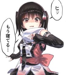 Rule 34 | 1girl, black gloves, black hair, black necktie, black skirt, buttons, double-breasted, elbow gloves, fingerless gloves, gloves, hair ornament, kantai collection, looking at viewer, necktie, red eyes, scarf, school uniform, sendai (kancolle), sendai kai ni (kancolle), serafuku, simple background, skirt, solo, tooi aoiro, translated, two side up, white background, white scarf