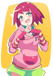 Rule 34 | 1girl, absurdres, blush, buzzlyears, gloves, green eyes, green shorts, highres, mega man (series), mega man star force, open mouth, purple hair, short hair, shorts, solo, sonia strumm (mega man), striped clothes, striped gloves, yellow background