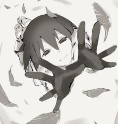 Rule 34 | 1girl, empty eyes, foreshortening, from above, full body, gedou (ge ge gedou), gloves, greyscale, leaf, looking at viewer, monochrome, monogatari (series), no pupils, open hands, oshino ougi, short hair, solo