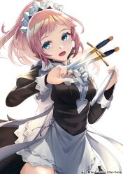 Rule 34 | 1girl, absurdres, artist name, black dress, blue eyes, breasts, dagger, dress, felicia (fire emblem), fire emblem, fire emblem fates, highres, holding, holding dagger, holding knife, holding tray, holding weapon, knife, light brown hair, looking at viewer, maid, maid headdress, medium breasts, nintendo, open mouth, ponytail, ryo-suzuki, smile, solo, tray, upper body, weapon, white background