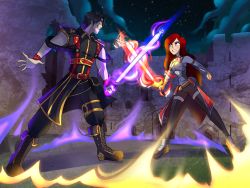 Rule 34 | absurdres, armor, bandages, battle, black hair, castle, dymitr3, evil smile, fighting stance, fire, full body, highres, lionel rizzo, pertenecientes al fuego (book), pyrokinesis, red hair, selena mulciber, smile, sword, weapon