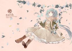 Rule 34 | 1girl, blue eyes, blue hair, boots, brown footwear, creature, dress, enpera, green jacket, grey dress, grey scarf, hatsune miku, horiizumi inko, jacket, leaf, long hair, long sleeves, open clothes, open jacket, parted lips, pink background, scarf, signature, solo, swing, twintails, vocaloid