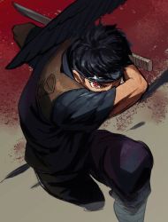 Rule 34 | 006 wa, 1boy, attack, black hair, black pants, black shirt, chest guard, feathers, forehead protector, highres, holding, holding sword, holding weapon, incoming attack, leg wrap, looking at viewer, male focus, naruto, naruto (series), naruto shippuuden, one eye covered, pants, red background, red eyes, sharingan, shirt, short hair, short sleeves, solo, standing, standing on one leg, sword, symbol-shaped pupils, uchiha shisui, weapon