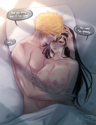 Rule 34 | 1boy, absurdres, aftersex, artist name, azezazel, bed sheet, black hair, blonde hair, breasts, cloud strife, couple, cuddling, earrings, english text, final fantasy, final fantasy vii, final fantasy vii remake, hand on another&#039;s head, hetero, hickey, highres, indoors, jewelry, large breasts, lips, long hair, looking at another, lying, nipples, nude, on back, parted lips, pillow, red eyes, speech bubble, spiked hair, square enix, sunlight, text focus, tifa lockhart, twitter username, under covers
