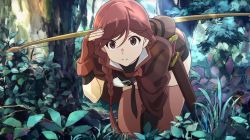 Rule 34 | 10s, 1girl, all fours, bow, braid, brown thighhighs, buckle, bush, collar, day, fingerless gloves, forest, gloves, hai to gensou no grimgar, hair between eyes, hand on forehead, highres, holster, leaf, long hair, nature, non-web source, outdoors, plant, quiver, red eyes, red hair, red thighhighs, screencap, searching, shading eyes, sheath, single braid, solo, sword, thighhighs, tree, wavy mouth, weapon, yume (grimgar), zettai ryouiki