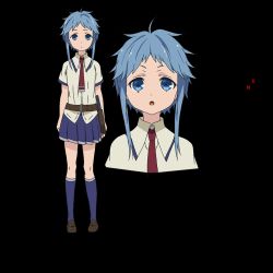 Rule 34 | 1girl, blue eyes, blue hair, busou shoujo machiavellism, character name, japanese text, kanzaki karuna, loafers, looking at viewer, migii ui, official art, short hair, sidelocks, socks, solo, standing, text focus, translation request, transparent background