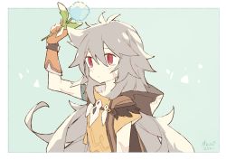 Rule 34 | 1boy, arm up, closed mouth, dandelion, dated, flower, genshin impact, gloves, grey hair, hair between eyes, holding, holding flower, long hair, male focus, melanbread, orange gloves, pale skin, razor (genshin impact), red eyes, scar, scar on arm, scar on face, short sleeves, signature, simple background, solo, two-tone background
