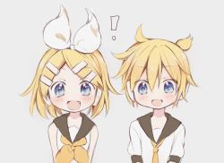 Rule 34 | !, 1boy, 1girl, arms behind back, bad id, bad twitter id, beige background, black collar, blonde hair, blue eyes, bow, brother and sister, collar, commentary, fang, hair bow, hair ornament, hairclip, headphones, highres, hitode, kagamine len, kagamine rin, neckerchief, necktie, open mouth, sailor collar, school uniform, shirt, short hair, short ponytail, short sleeves, siblings, smile, spiked hair, swept bangs, twins, upper body, vocaloid, white bow, white shirt, yellow neckerchief