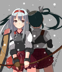 Rule 34 | 10s, 2girls, archery, artist name, black hair, bow (weapon), bracer, brown eyes, eight tohyama, gloves, grey background, hairband, japanese clothes, kantai collection, kyuudou, long hair, looking at viewer, miko, multiple girls, muneate, open mouth, partially fingerless gloves, partly fingerless gloves, personification, red skirt, ribbon, shoukaku (kancolle), signature, silver hair, skirt, twintails, twitter username, weapon, yugake, zuikaku (kancolle)