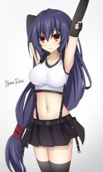 Rule 34 | 1girl, akane rose, armpits, arms up, bare shoulders, black gloves, black hair, black skirt, black thighhighs, breasts, choujigen game neptune, closed mouth, collarbone, compile heart, cosplay, cowboy shot, crop top, elbow gloves, final fantasy, final fantasy vii, final fantasy vii remake, fingerless gloves, gloves, highres, idea factory, large breasts, long hair, looking at viewer, low-tied long hair, medium breasts, midriff, miniskirt, navel, neptune (series), noire (neptunia), pleated skirt, ponytail, red eyes, shirt, skirt, sleeveless, sleeveless shirt, smile, solo, square enix, square soft, standing, stomach, stretching, suspender skirt, suspenders, tank top, thighhighs, thighs, tifa lockhart, tifa lockhart (cosplay), tsundere, very long hair, white shirt, zettai ryouiki
