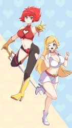 Rule 34 | 2girls, ;d, bare shoulders, belt, black pants, blonde hair, blue background, blue eyes, boots, breasts, character request, cleavage, cleavage cutout, clenched hands, clothing cutout, commentary request, copyright request, cutie honey, full body, gloves, hairband, hands up, heart, heart background, heart cutout, high heel boots, high heels, highres, holding, holding sword, holding weapon, kisaragi honey, knee boots, large breasts, leggings, looking at viewer, midriff, miniskirt, multiple girls, navel, one eye closed, open mouth, pants, pink belt, pink hairband, red eyes, red hair, red shirt, shirt, short hair, skirt, skirt set, sleeveless, sleeveless shirt, smile, standing, standing on one leg, stomach, sword, thigh cutout, two-tone background, weapon, white footwear, white shirt, white skirt, wing collar, yellow background, yellow footwear, yellow gloves, zuranonaru