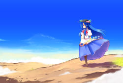 Rule 34 | 1girl, blue hair, cloud, day, emurin, female focus, food, fruit, hat, hinanawi tenshi, long hair, outdoors, peach, ribbon, sky, solo, standing, touhou, wind
