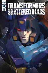 Rule 34 | 1boy, absurdres, autobot, blurr (transformers), broken glass, comic cover, copyright name, cover, cover page, glass, highres, logo, mecha, no humans, official art, one eye covered, parted lips, red eyes, robot, sara p-d, scar, scar across eye, scar on face, science fiction, solo, the transformers (idw), transformers, transformers shattered glass