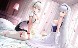 Rule 34 | 2girls, absurdres, anchor choker, apron, azur lane, bare shoulders, bed, bedroom, belfast (azur lane), black dress, blue eyes, bound, bound wrists, braid, breasts, cleavage, curtains, desk lamp, dress, flower, framed breasts, french braid, frilled apron, frilled pillow, frills, from side, gloves, hair between eyes, highres, indoors, lamp, large breasts, long hair, looking at viewer, looking to the side, maid apron, maid headdress, manjuu (azur lane), multiple girls, petals, pillow, puffy short sleeves, puffy sleeves, red eyes, red flower, red rose, rope, rose, short hair, short sleeves, sirius (azur lane), thighhighs, tina (tinafya), v arms, very long hair, white curtains, white dress, white gloves, white hair, white thighhighs, window