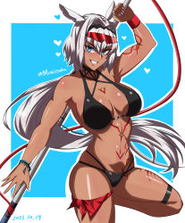 Rule 34 | 1girl, absurdres, animal ears, arm up, armpits, bandana, bare shoulders, bikini, black bikini, black hairband, blue background, blue eyes, body markings, breasts, caenis (fate), caenis (swimsuit rider) (fate), caenis (swimsuit rider) (first ascension) (fate), cleavage, collarbone, commentary request, cowboy shot, dark-skinned female, dark skin, dated, eyewear on head, fate/grand order, fate (series), grin, groin, hair between eyes, hair intakes, hairband, harpoon, heart, highleg, highleg bikini, highres, holding, holding polearm, holding weapon, large breasts, long hair, looking at viewer, low ponytail, moussaka, nail polish, navel, outline, polearm, red wristband, sidelocks, skindentation, smile, solo, standing, standing on one leg, stomach, sunglasses, swimsuit, teeth, thigh strap, twitter username, weapon, white hair, white nails, wristband