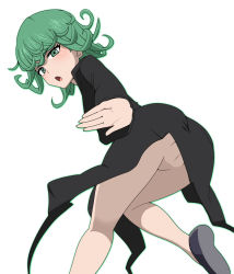 Rule 34 | 1girl, ass, dress, eyebrows, eyelashes, fat mons, female focus, highres, looking at viewer, looking back, mantan, no panties, one-punch man, open mouth, pussy, shiny skin, simple background, solo, tatsumaki, uncensored, white background