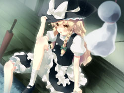 Rule 34 | 1girl, apron, blonde hair, bloomers, blurry, blush, bow, braid, closed umbrella, gengetsu chihiro, hair bow, hair ornament, hat, hat ribbon, highres, holding, holding clothes, holding hat, kirisame marisa, leg up, long hair, looking at viewer, looking up, mary janes, oil-paper umbrella, open mouth, puffy sleeves, rain, ribbon, shirt, shoes, short sleeves, side braid, single braid, sitting, skirt, skirt set, socks, solo, touhou, umbrella, underwear, vest, waist apron, white socks, witch hat