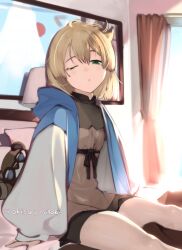 Rule 34 | 1boy, akisa yositake, artist name, bed, bedroom, black skirt, blonde hair, blue jacket, bridget (guilty gear), brown shirt, closed mouth, curtains, green eyes, guilty gear, guilty gear strive, half-closed eyes, indoors, jacket, lamp, long sleeves, looking at viewer, medium hair, one eye closed, open clothes, open jacket, painting (object), shirt, skirt, solo, stuffed animal, stuffed toy, teddy bear, trap, window