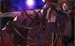 Rule 34 | 1girl, belt, black hair, buttons, cape, double-breasted, fate/grand order, fate (series), full moon, gakuran, glowing, glowing eye, gun, hat, holding, holding gun, holding weapon, koha-ace, light smile, long hair, looking at viewer, march ab, moon, night, oda nobunaga (fate), oda nobunaga (koha-ace), red eyes, school uniform, sky, solo, star (sky), starry sky, very long hair, weapon, white background