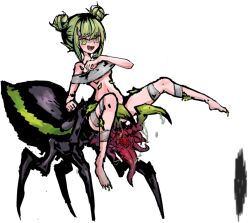 Rule 34 | 1girl, anaertailin, barefoot, breasts, claws, darkest dungeon, double bun, fang, full body, green eyes, green hair, hair bun, horns, insect girl, long toenails, monster girl, no bra, nude, open mouth, pointy ears, shadow, silk, small breasts, solo, spider girl, spider web, standing, toenails, tongue, tongue out, transparent background, underboob