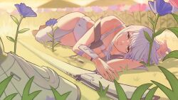 Rule 34 | 1girl, absurdres, afureru colors, armor, breasts, closed mouth, flower, goddess of victory: nikke, grey hair, hair between eyes, hat, head on hand, highres, japanese armor, jingasa, large hat, leotard, long hair, looking at viewer, lying, medium breasts, on grass, on side, scarlet (nikke), sheath, smile, solo, sword, thighs, weapon, white leotard, yellow eyes