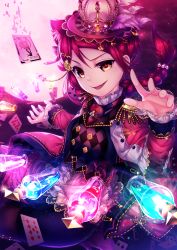 Rule 34 | 1girl, :d, animal ears, argyle, bad id, bad pixiv id, braid, card, center frills, cupping hand, epaulettes, fang, floating, floating object, frilled sleeves, frills, full moon, glowing, hair ornament, hairclip, hat, highres, jacket, joker (playing card), kemonomimi mode, kokkeina budou, long hair, long sleeves, looking at viewer, love live!, love live! school idol festival, love live! sunshine!!, moon, open mouth, orange eyes, outstretched hand, playing card, red hair, sakurauchi riko, single braid, skirt, smile, solo, v-shaped eyebrows, vial