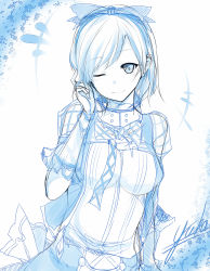 Rule 34 | 10s, 1girl, ;), alternate costume, blue theme, blush, breasts, covered erect nipples, djeeta (granblue fantasy), gradient background, granblue fantasy, hair ribbon, hairband, highres, kimi to boku no mirai, large breasts, looking at viewer, monochrome, one eye closed, puffy short sleeves, puffy sleeves, ribbon, short hair, short sleeves, smile, solo, star (symbol), superstar (granblue fantasy), superstar ex (granblue fantasy), taut clothes, upper body, vellark
