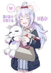 Rule 34 | 1girl, ahoge, animal ears, black jacket, blue archive, blush, closed eyes, cowboy shot, dated, fake animal ears, grey skirt, hair ornament, halo, happy birthday, heart, highres, jacket, long hair, long sleeves, multicolored hair, open clothes, open jacket, open mouth, pink hair, pink halo, pleated skirt, purple hair, reisa (blue archive), sailor collar, simple background, skirt, smile, solo, somr dodm, spoken heart, star (symbol), star hair ornament, stuffed animal, stuffed toy, white background, white sailor collar