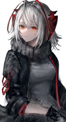 Rule 34 | + +, 1girl, ahoge, antennae, arknights, black gloves, black jacket, black scarf, blouse, breasts, demon horns, expressionless, gawako, gloves, grey hair, grey shirt, hair between eyes, highres, horns, jacket, looking at viewer, medium breasts, open clothes, open jacket, orange eyes, scarf, shirt, short hair, simple background, sketch, sleeves past elbows, solo, upper body, w (arknights), white background