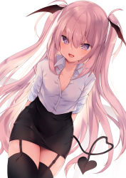 Rule 34 | 1girl, :d, backlighting, black skirt, black thighhighs, blush, breasts, cleavage, collarbone, commentary request, cowboy shot, demon girl, demon tail, fang, garter straps, hair between eyes, head wings, heart, heart tail, highres, kedama milk, long hair, looking at viewer, miniskirt, open mouth, original, pencil skirt, pink hair, purple eyes, shirt, short sleeves, sidelocks, simple background, skirt, slit pupils, small breasts, smile, solo, standing, tail, thighhighs, twintails, very long hair, white background, white shirt, wings, zettai ryouiki