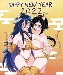 Rule 34 | 2022, 2girls, animal ears, animal print, asymmetrical docking, bikini, black eyes, black hair, blue hair, breast press, breasts, chinese zodiac, claw pose, cleavage, commentary, cyberlive, detached sleeves, english commentary, hair between eyes, highres, horns, kuon bb, large breasts, long hair, low ponytail, midriff, multiple girls, navel, open hand, original, oumiya emma, red eyes, smile, swimsuit, tail, thighhighs, tiger ears, tiger print, tiger tail, uni (unexistarts), very long hair, virtual youtuber, x x, year of the tiger