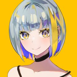 Rule 34 | 1girl, black choker, blue eyes, blue hair, bob cut, choker, closed mouth, colored inner hair, commentary request, daiiichukiii, eyelashes, looking down, mole, mole under eye, multicolored eyes, multicolored hair, original, portrait, short sleeves, silver hair, simple background, smile, solo, two-tone hair, yellow background, yellow eyes
