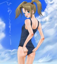 Rule 34 | 1girl, adjusting clothes, adjusting swimsuit, ass, back, blue eyes, blush, brown hair, female focus, one-piece swimsuit, outdoors, rasukaru, school swimsuit, sky, solo, swimsuit, teasing, twintails