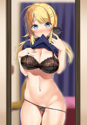 Rule 34 | 1girl, ahoge, black bra, black panties, blonde hair, blue eyes, blush, bra, breasts, cameltoe, cellphone, cleavage, cleft of venus, clothes in mouth, cowboy shot, gluteal fold, groin, hachimiya meguru, hair ornament, hairclip, hand on own chest, highres, holding, holding phone, idolmaster, idolmaster shiny colors, indoors, inuzumi masaki, lace, lace-trimmed bra, lace trim, large breasts, lifted by self, long hair, low twintails, mirror, mouth hold, navel, panties, phone, reflection, selfie, shirt in mouth, skindentation, smartphone, solo, star (symbol), star hair ornament, stomach, sweat, swept bangs, taking picture, thigh gap, twintails, underwear
