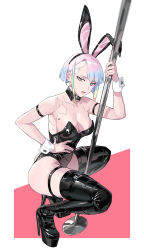 Rule 34 | 1girl, absurdres, animal ears, arm strap, ass, asymmetrical hair, bare shoulders, bigroll, black leotard, boots, breasts, cleavage, cyberpunk (series), cyberpunk 2077, cyberpunk edgerunners, cyborg, detached collar, eyeliner, fake animal ears, hand on own hip, high heel boots, high heels, highleg, highleg leotard, highres, joints, leotard, lucy (cyberpunk), makeup, medium breasts, multicolored eyes, multicolored hair, platform footwear, platform heels, playboy bunny, pole, rabbit ears, red eyeliner, red lips, robot joints, shiny clothes, short hair, sideboob, solo, squatting, strapless, strapless leotard, stripper pole, thigh strap, thighhighs, thighs, trigger (company), wrist cuffs
