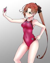Rule 34 | 1girl, aiuti, akigumo (kancolle), black ribbon, blush, breasts, brown hair, cellphone, competition swimsuit, green eyes, hair ribbon, highres, holding, holding phone, kantai collection, long hair, mole, mole under eye, one-piece swimsuit, phone, pink one-piece swimsuit, ponytail, ribbon, selfie, small breasts, smartphone, solo, swimsuit, taking picture