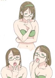 Rule 34 | 1girl, blush, breasts, brown hair, cleavage, collarbone, finger in own mouth, green eyes, groin, hair bang, hair ornament, navel, norakura (nr kura), original, sexually suggestive, simple background, solo, upper body, white background