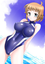 Rule 34 | 10s, 1girl, :&lt;, ahoge, alternate costume, blue eyes, blue one-piece swimsuit, blush, breasts, breasts apart, brown hair, cloud, competition swimsuit, covered erect nipples, covered navel, cowboy shot, day, dutch angle, flipped hair, flying sweatdrops, frown, gundam, gundam build fighters, gundam build fighters try, halterneck, high ponytail, highleg, highleg swimsuit, hoshino fumina, impossible clothes, impossible swimsuit, large breasts, looking at viewer, ocean, one-piece swimsuit, orange hair, outdoors, partially visible vulva, ponytail, sakura ryuuken, shiny clothes, short hair, short ponytail, skin tight, sky, solo, standing, swimsuit, turtleneck, water