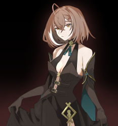 1girl absurdres ahoge black_dress black_gloves black_skirt breasts brown_eyes brown_hair cleavage clothing_cutout dress elbow_gloves eyebrows_hidden_by_hair gloves hair_between_eyes halterneck highres hololive hololive_english medium_breasts medium_hair multicolored_hair nanashi_mumei navel navel_cutout saruissaart side_slit skirt skirt_hold solo streaked_hair two-tone_hair virtual_youtuber white_hair