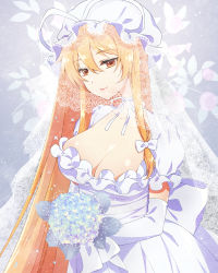 Rule 34 | 1girl, alternate color, alternate costume, alternate eye color, blonde hair, bouquet, bow, breasts, bridal veil, bride, brown eyes, choker, cleavage, closed mouth, collarbone, commentary request, dress, elbow gloves, floral background, floral print, flower, gloves, gradient background, gradient eyes, grey background, hair between eyes, hair bow, hat, hat ribbon, hydrangea, kirisita, lace-trimmed veil, lace trim, large breasts, light particles, long hair, long neck, looking at viewer, mob cap, multicolored eyes, petals, pink lips, puffy short sleeves, puffy sleeves, purple background, ribbon, ribbon choker, rose print, sash, shiny skin, short sleeves, sidelocks, smile, solo, touhou, upper body, veil, very long hair, wedding dress, white bow, white dress, white gloves, white hat, white ribbon, yakumo yukari, yellow eyes