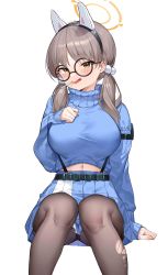 Rule 34 | 1girl, absurdres, arm at side, black hairband, blue archive, blue jacket, blue skirt, blush, breasts, brown eyes, brown hair, brown pantyhose, candy, feet out of frame, food, food in mouth, gaosu gong lu, glasses, hairband, halo, highres, jacket, large breasts, lollipop, long hair, long sleeves, looking at viewer, low twintails, midriff peek, miniskirt, moe (blue archive), mouth hold, navel, open mouth, pantyhose, pleated skirt, round eyewear, simple background, sitting, skirt, solo, suspender skirt, suspenders, sweater, torn clothes, torn pantyhose, turtleneck, turtleneck sweater, twintails, white background, yellow eyes