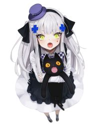Rule 34 | 1girl, alternate costume, animal, ankkoyom, black cat, blush, bow, bowtie, cat, checkered clothes, checkered neckwear, commentary request, dress, facial mark, fangs, frills, from above, girls&#039; frontline, green eyes, hat, highres, hk416 (black kitty&#039;s gift) (girls&#039; frontline), hk416 (girls&#039; frontline), holding, holding animal, holding cat, long hair, looking at viewer, looking up, mini hat, mini top hat, official alternate costume, open mouth, silver hair, simple background, teardrop, top hat
