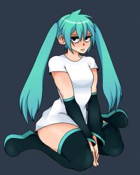 Rule 34 | 1girl, bags under eyes, black footwear, blue background, blue hair, boots, bottomless, closed mouth, commentary, cryptidhermit, english commentary, exhausted, full body, hair between eyes, hatsune miku, long hair, looking at viewer, no pants, shirt, simple background, sitting, solo, thigh boots, twintails, vocaloid, wariza, white shirt